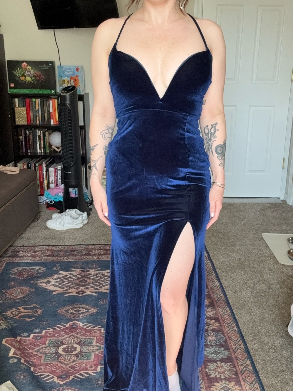 Windsor Navy Velvet Plunge Maxi Gown with Thigh Slit